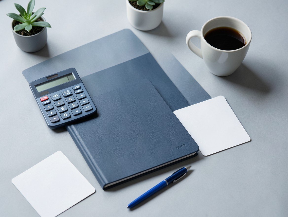 Cuaderno abierto, calculadora y café sobre una mesa iluminada, listos para planear un presupuesto
